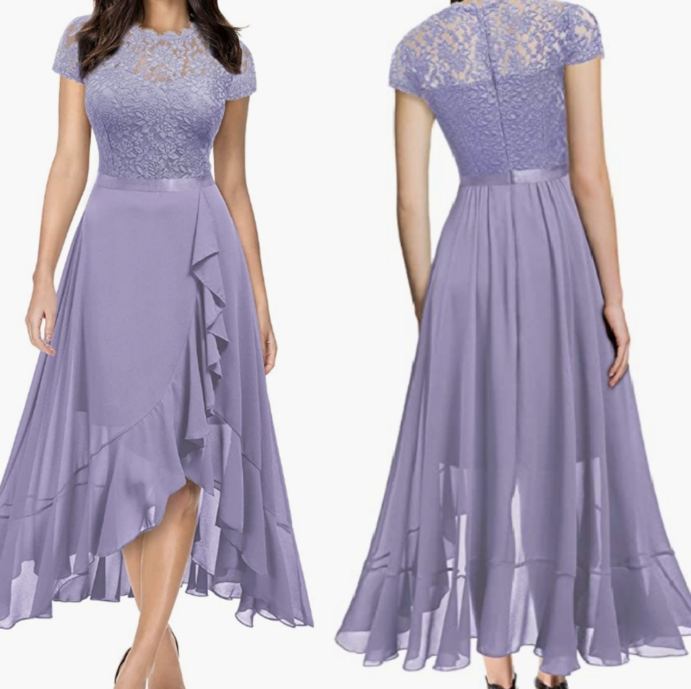 Miusol lavender / lilac flowy shortsleeve lace formal dress w/ ruffles ( large )